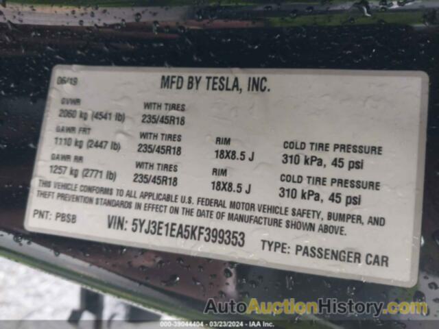 TESLA MODEL 3 LONG RANGE/MID RANGE/STANDARD RANGE/STANDARD RANGE PLUS, 5YJ3E1EA5KF399353