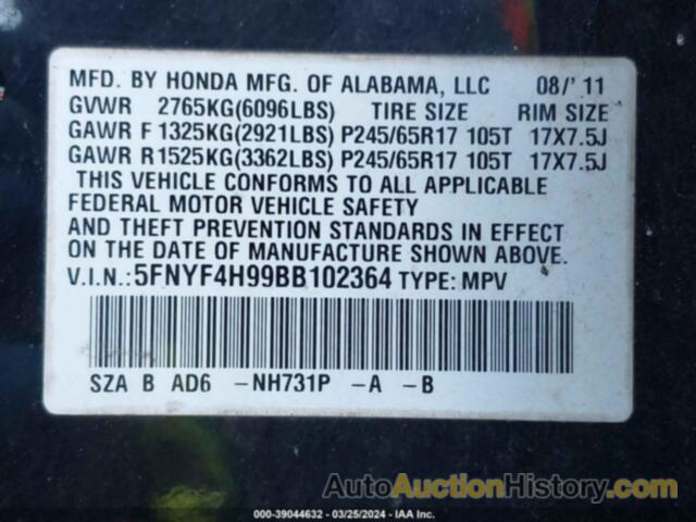 HONDA PILOT TOURING, 5FNYF4H99BB102364