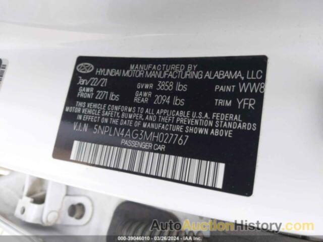 HYUNDAI ELANTRA SEL, 5NPLN4AG3MH027767