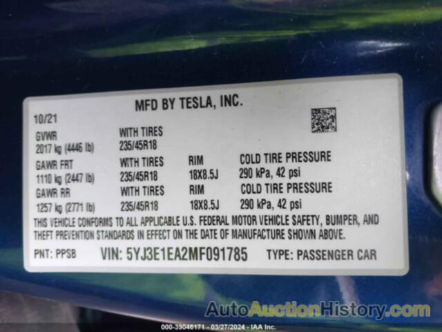 TESLA MODEL 3 STANDARD RANGE PLUS REAR-WHEEL DRIVE, 5YJ3E1EA2MF091785