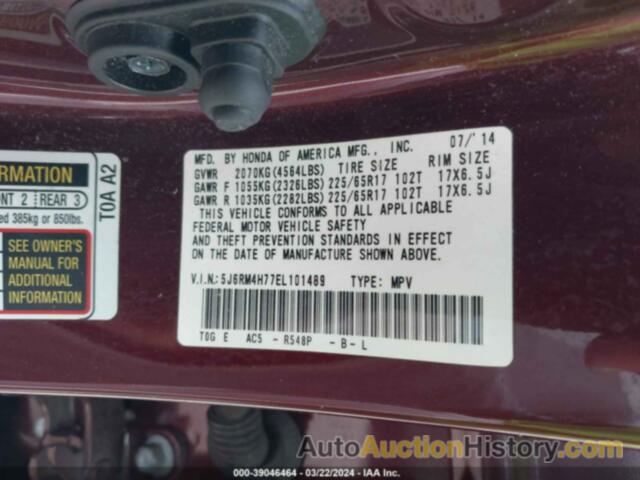 HONDA CR-V EX-L, 5J6RM4H77EL101489