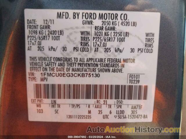 FORD ESCAPE LIMITED, 1FMCU0EG3CKB75130