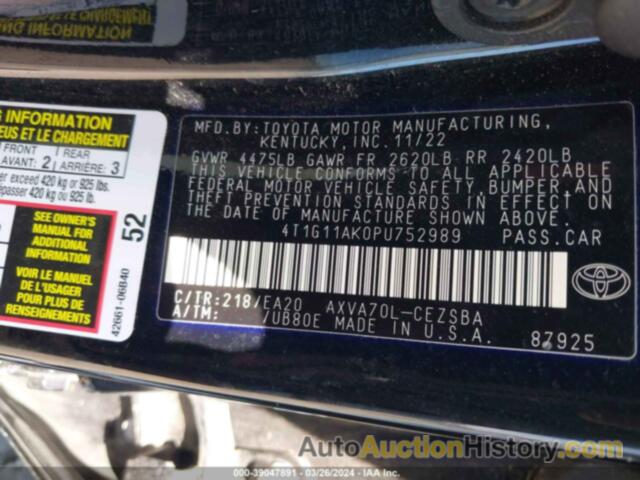 TOYOTA CAMRY SE, 4T1G11AK0PU752989