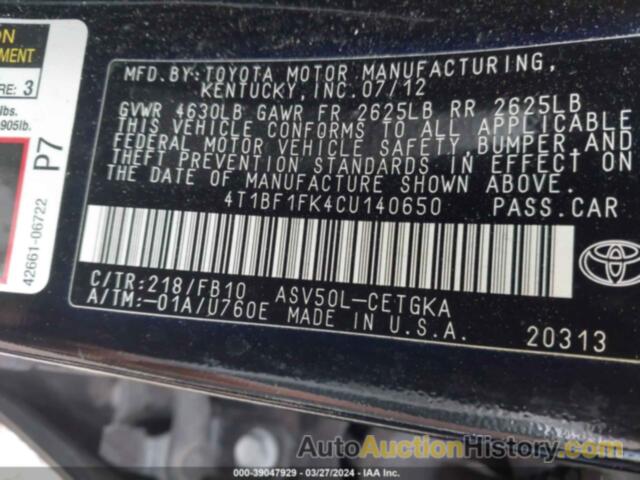 TOYOTA CAMRY XLE, 4T1BF1FK4CU140650