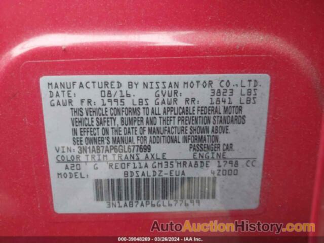 NISSAN SENTRA S/SV/SR/SL, 3N1AB7AP6GL677699