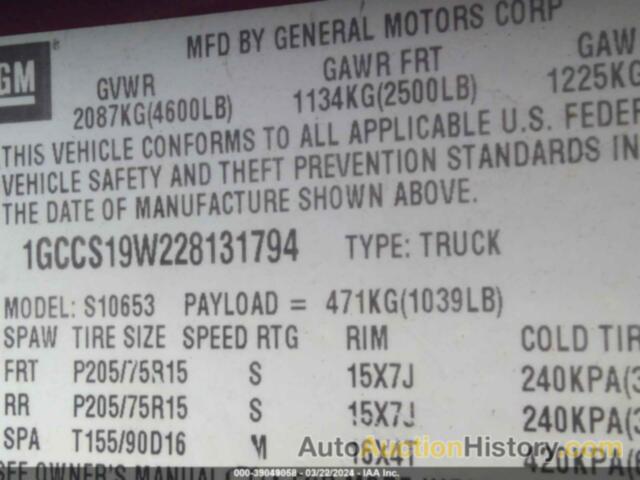 CHEVROLET S-10 LS, 1GCCS19W228131794