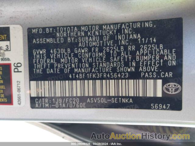 TOYOTA CAMRY LE/XLE/SE/XSE, 4T4BF1FK3FR456423