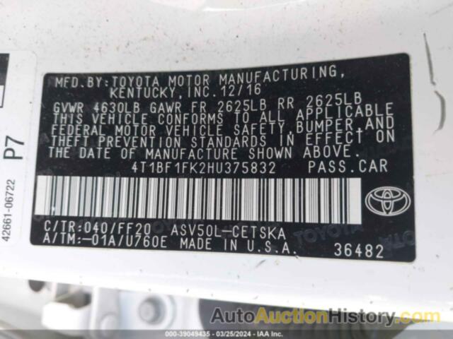 TOYOTA CAMRY SE, 4T1BF1FK2HU375832