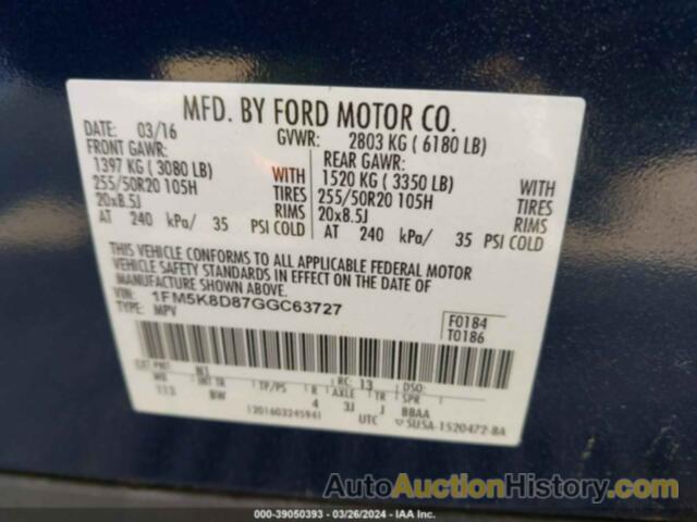 FORD EXPLORER XLT, 1FM5K8D87GGC63727