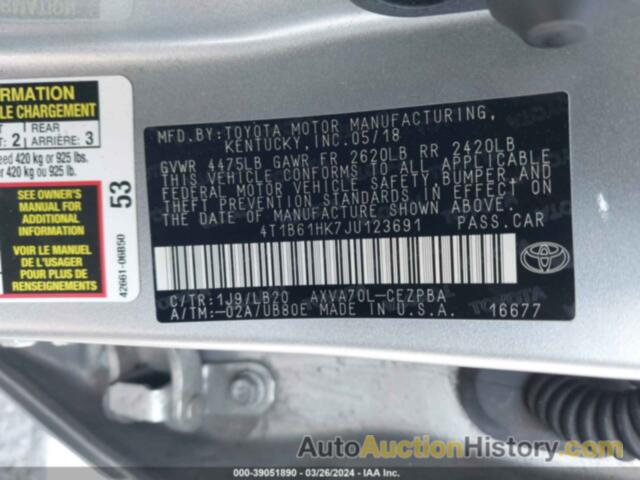 TOYOTA CAMRY XSE, 4T1B61HK7JU123691