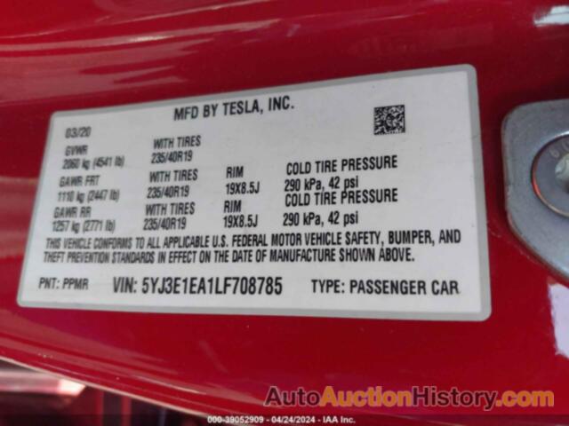 TESLA MODEL 3 STANDARD RANGE PLUS REAR-WHEEL DRIVE/STANDARD RANGE REAR-WHEEL DRIVE, 5YJ3E1EA1LF708785