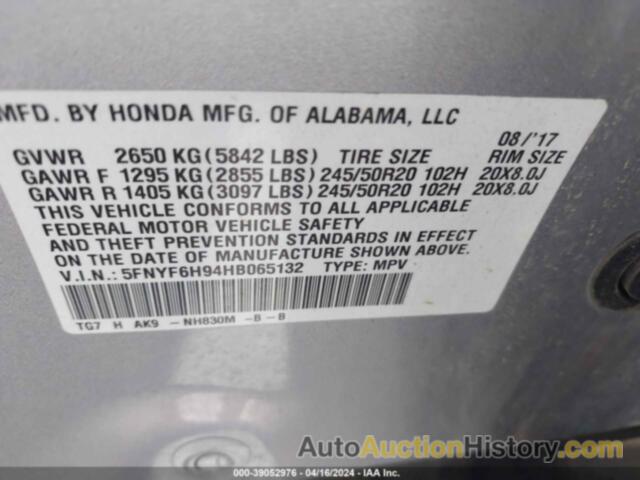 HONDA PILOT TOURING, 5FNYF6H94HB065132