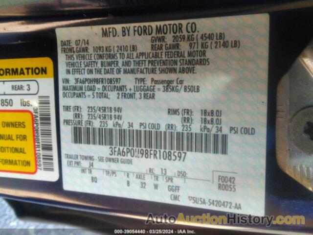 FORD FUSION SE, 3FA6P0H98FR108597