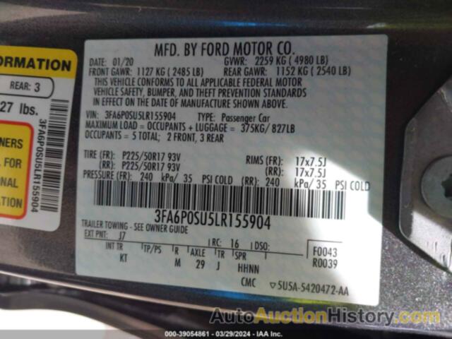 FORD FUSION PLUG-IN HYBRID TITANIUM, 3FA6P0SU5LR155904