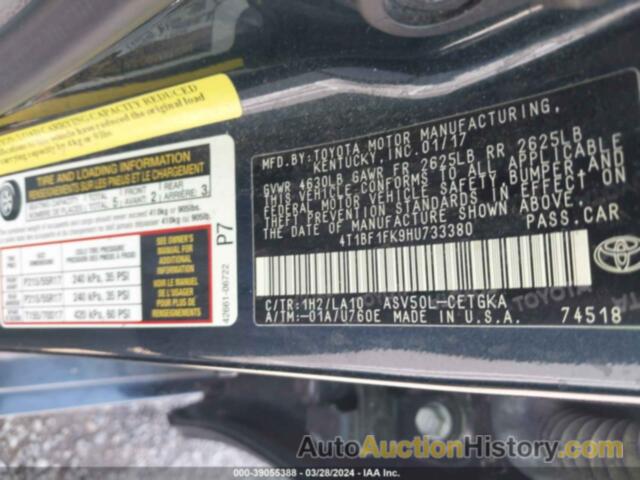 TOYOTA CAMRY, 4T1BS1FK4HU733380