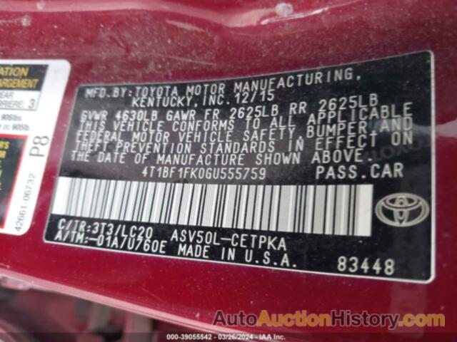 TOYOTA CAMRY LE/XLE/SE/XSE, 4T1BF1FK0GU555759