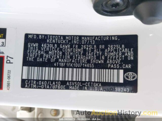 TOYOTA CAMRY XLE, 4T1BF1FK1DU714655