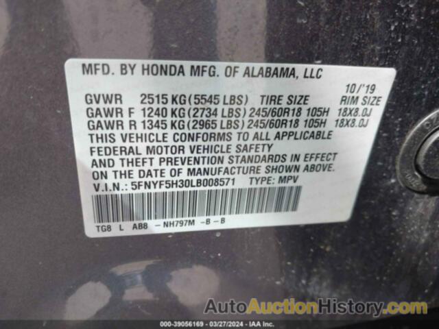 HONDA PILOT 2WD EX, 5FNYF5H30LB008571