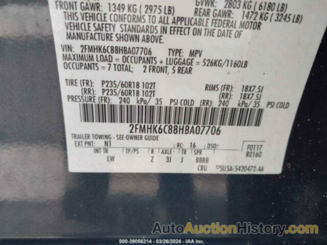 FORD FLEX SEL, 2FMHK6C88HBA07706