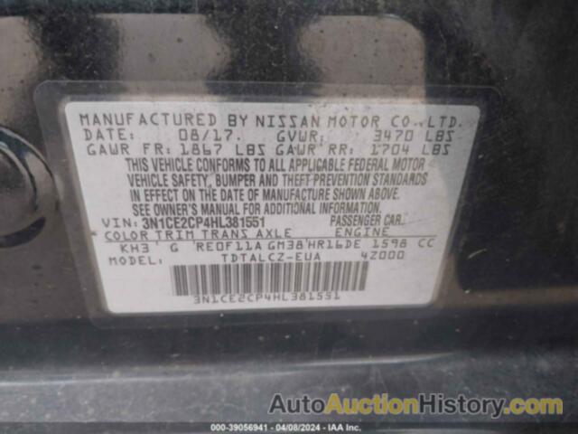 NISSAN VERSA NOTE S PLUS, 3N1CE2CP4HL381551