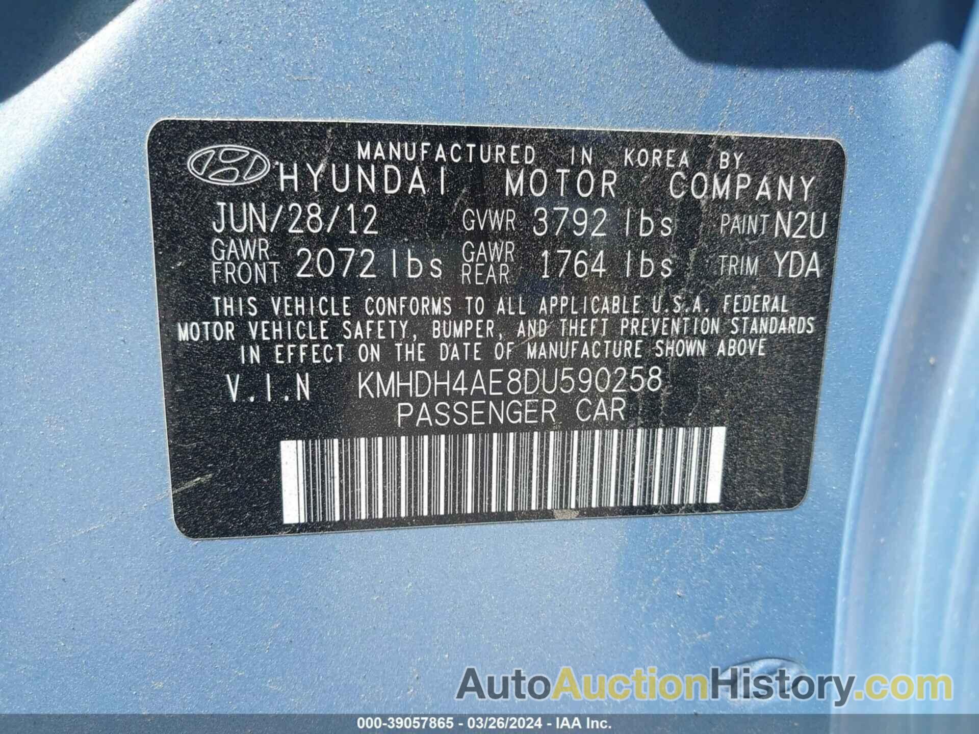 HYUNDAI ELANTRA GLS, KMHDH4AE8DU590258