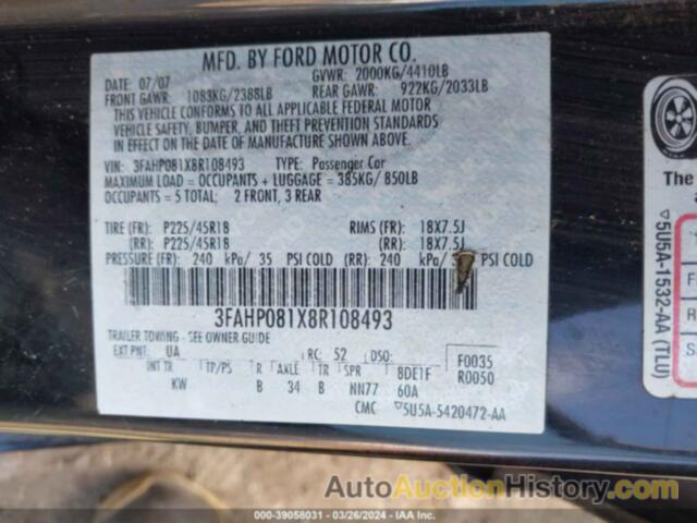 FORD FUSION SEL, 3FAHP081X8R108493