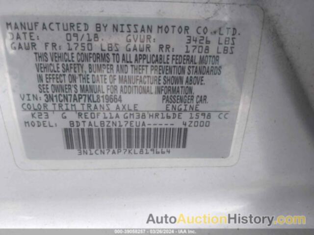 NISSAN VERSA 1.6 SV, 3N1CN7AP7KL819664