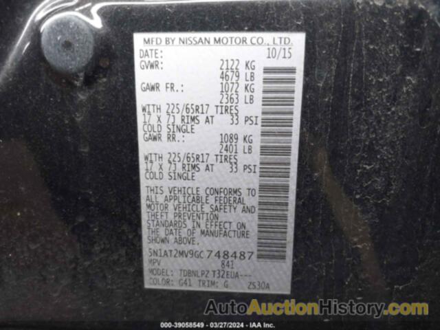 NISSAN ROGUE S/SL/SV, 5N1AT2MV9GC748487