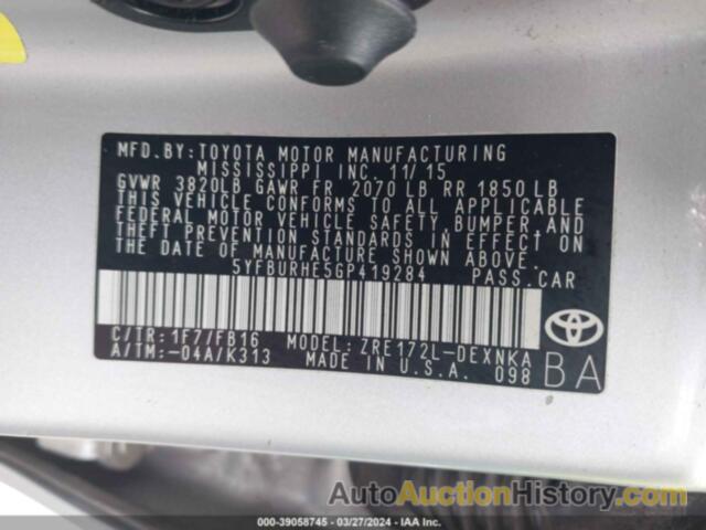 TOYOTA COROLLA LE, 5YFBURHE5GP419284