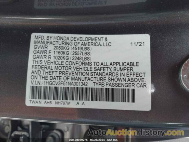 HONDA ACCORD HYBRID EXL, 1HGCV3F51NA001342