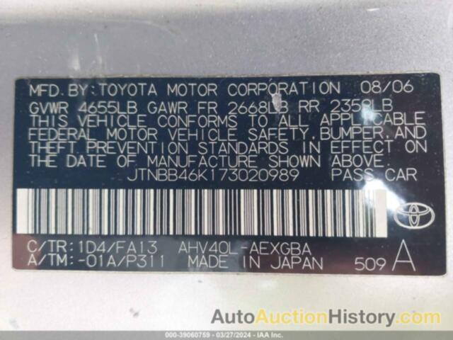 TOYOTA CAMRY HYBRID, JTNBB46K173020989