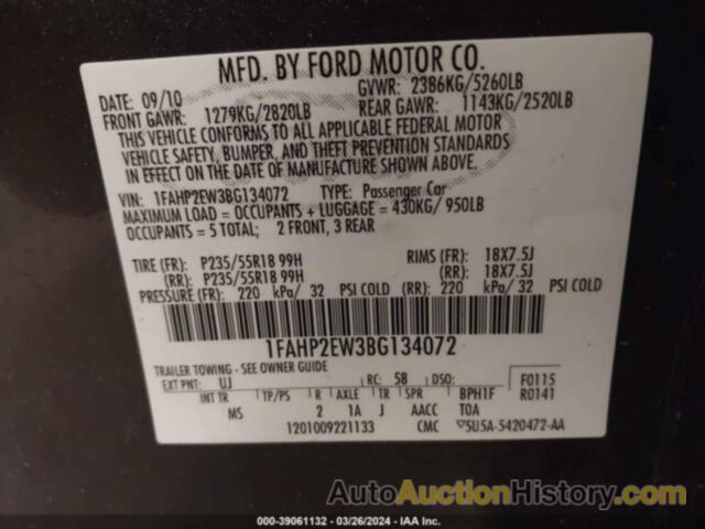 FORD TAURUS SEL, 1FAHP2EW3BG134072