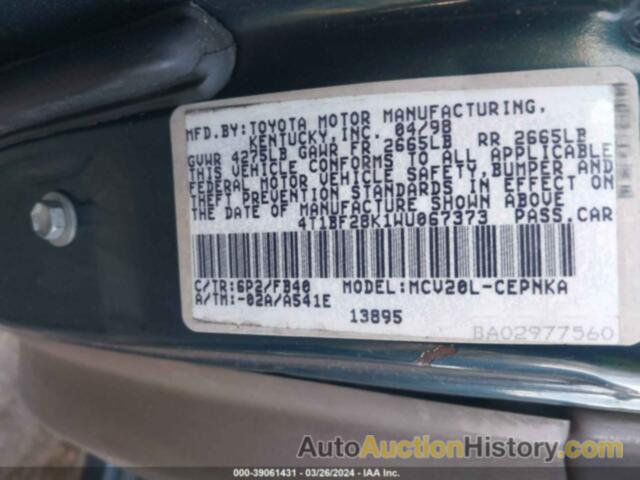 TOYOTA CAMRY LE V6, 4T1BF28K1WU067373