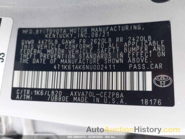 TOYOTA CAMRY XSE, 4T1K61AK6NU002411