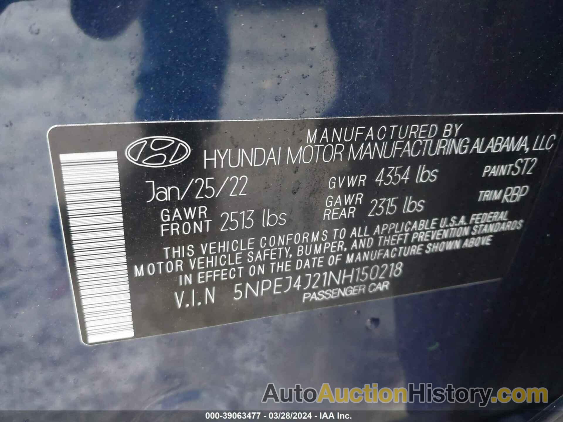 HYUNDAI SONATA SEL PLUS, 5NPEJ4J21NH150218