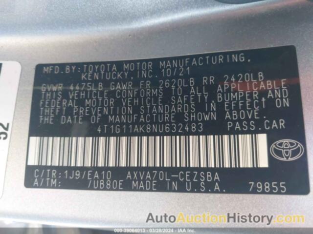 TOYOTA CAMRY SE, 4T1G11AK8NU632483