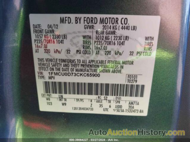 FORD ESCAPE XLT, 1FMCU0D73CKC65900