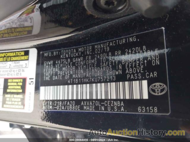 TOYOTA CAMRY LE, 4T1B11HK7KU757213