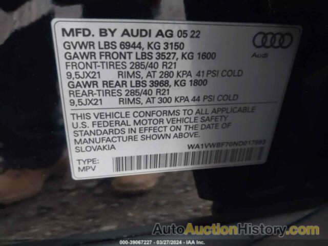 AUDI SQ7 PRESTIGE TFSI QUATTRO TIPTRONIC, WA1VWBF70ND017993