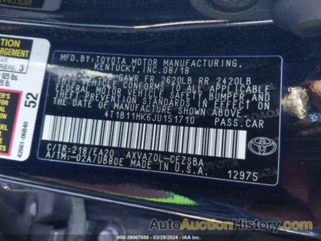 TOYOTA CAMRY L/LE/XLE/SE/XSE, 4T1B11HK6JU151710