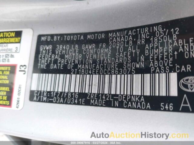 TOYOTA COROLLA S/LE, 2T1BU4EE0CC863075