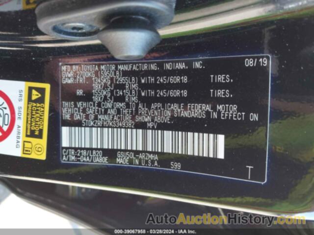 TOYOTA HIGHLANDER XLE, 5TDKZRFH7KS349382