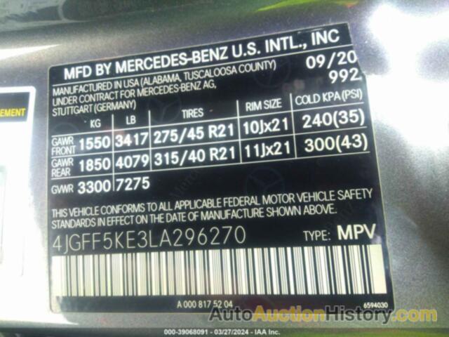 MERCEDES-BENZ GLS 450 4MATIC, 4JGFF5KE3LA296270