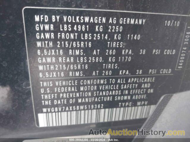 VOLKSWAGEN TIGUAN S, WVGBV7AX5BW519362