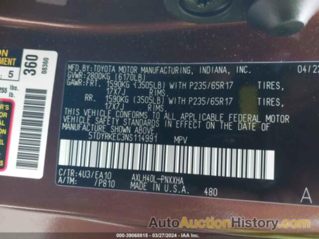 TOYOTA SIENNA XLE, 5TDYRKEC3NS114991