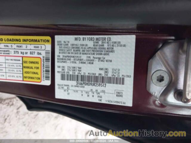 FORD FUSION SE, 3FA6P0HD9JR259512