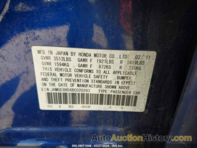 HONDA FIT SPORT, JHMGE8H56BC020283