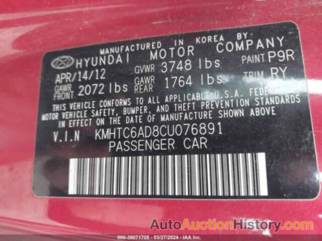 HYUNDAI VELOSTER BASE W/GRAY, KMHTC6AD8CU076891