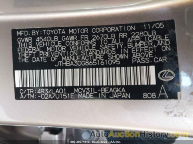 LEXUS ES 330, JTHBA30G865161095