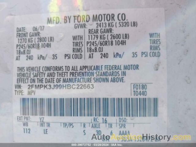 FORD EDGE SEL, 2FMPK3J99HBC22663